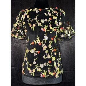 Flores Womens Black Sheer Mesh Floral Embroidered Short Sleeve Top Small NWT